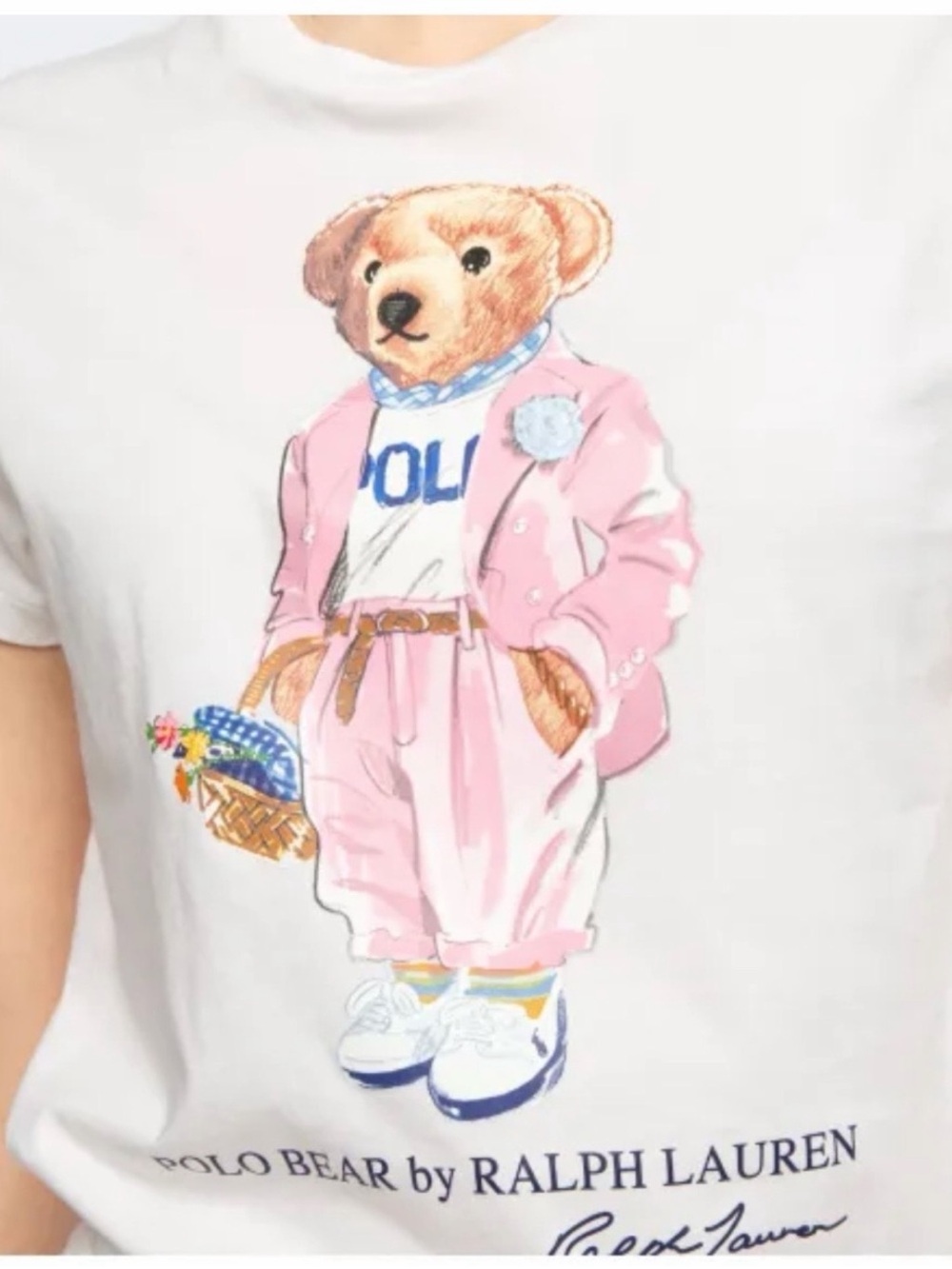 Ralph Lauren White Tee with Pink Polo Bear Graphic